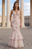 Pink Mermaid Beaded V-Neck Long Floral Dress with Ruffles
