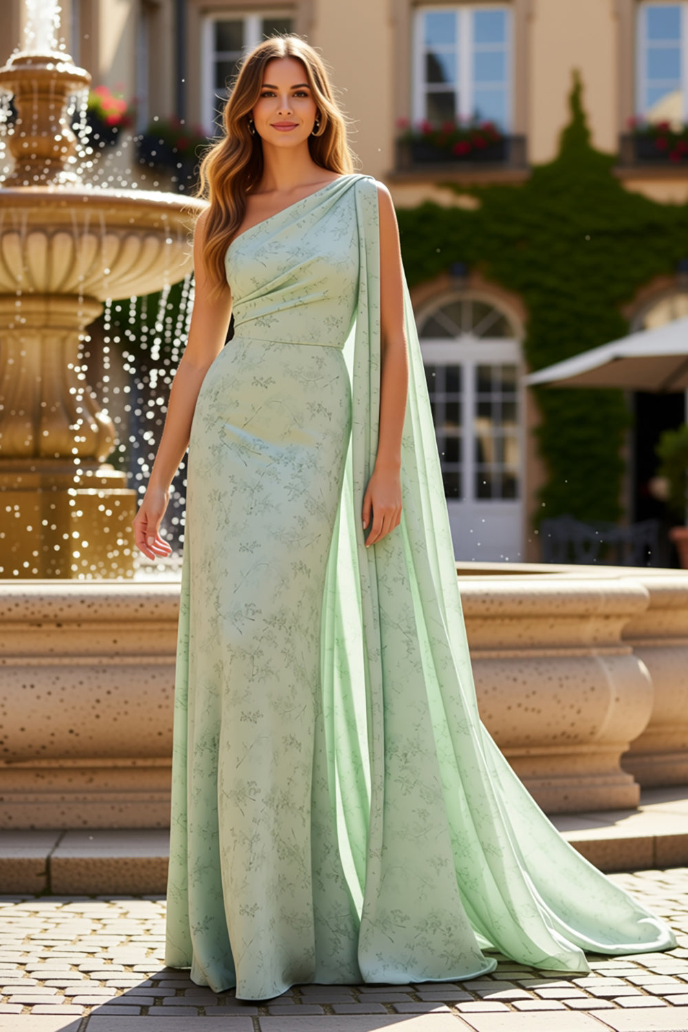 Zapaka Women Sage Green One Shoulder Wedding Guest Dress Sheath Print Floral Long Formal Dress with Cape, Sage / US14 Zapaka Women Sage Green One Shoulder Wedding Guest Dress Sheath Print Floral Long Formal Dress with Cape, Sage / US14