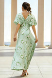 Sage Sheath V-Neck Long Floral Dress with Cape Sleeves