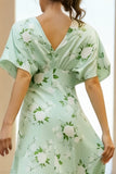 Sage Sheath V-Neck Long Floral Dress with Cape Sleeves