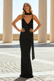 Black White Dots Sheath Spaghetti Straps Open Back Convertible Maxi Dress with Streamer