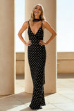 Black White Dots Sheath Spaghetti Straps Open Back Convertible Maxi Dress with Streamer