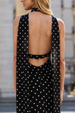 Black White Dots Sheath Spaghetti Straps Open Back Convertible Maxi Dress with Streamer
