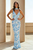 White Blue Flower Sheath Spaghetti Straps Convertible Maxi Dress with Streamer