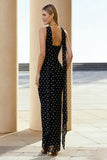 Strapless Black White Dots Sheath Chiffon Long Convertible Dress with Streamer