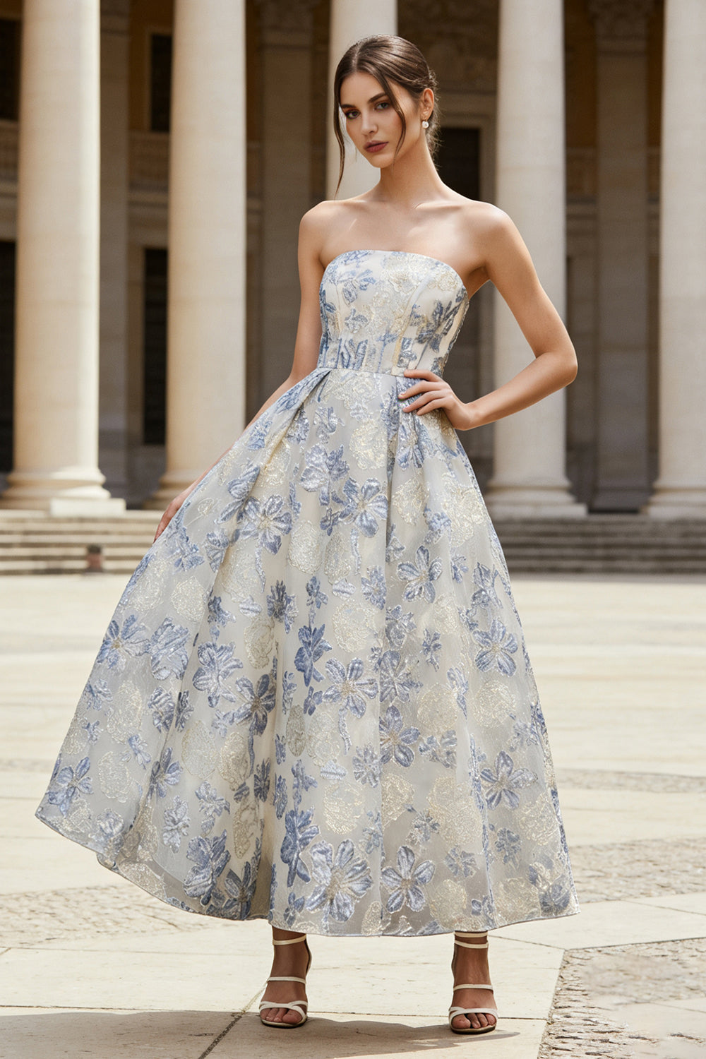 ZAPAKA Women Dusty Blue Floral Long Wedding Guest Dress A Line Strapless Jacquard Formal Dress, Dusty Blue / US2 ZAPAKA Women Dusty Blue Floral Long Wedding Guest Dress A Line Strapless Jacquard Formal Dress, Dusty Blue / US2