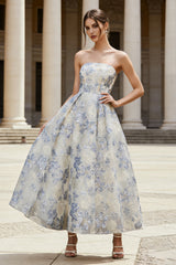 ZAPAKA Women Dusty Blue Floral Long Wedding Guest Dress A Line