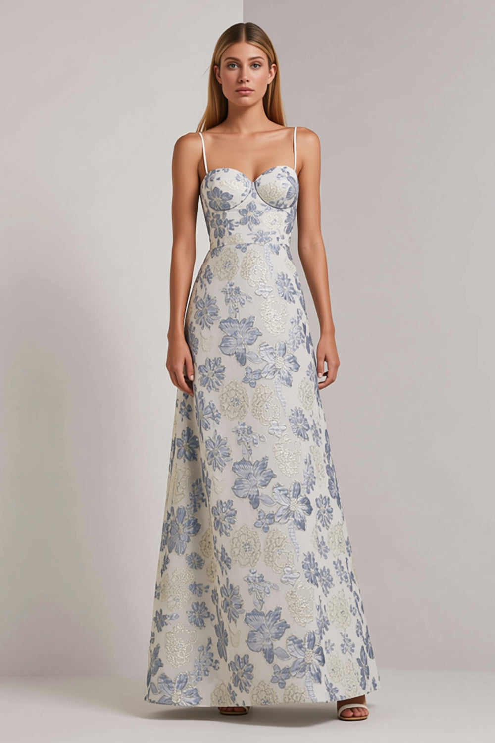 Dusty Blue A Line Spaghetti Straps Long Floral Dress Dusty Blue A Line Spaghetti Straps Long Floral Dress
