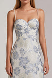 Dusty Blue A Line Spaghetti Straps Long Floral Dress