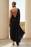 Black White Dots One Shoulder Sheath Long Convertible Dress with Streamer
