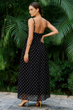 Simple A-Line Spaghetti Straps Long Black White Dots Dress