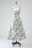 Dusty Blue A Line Jacquard Floral Maxi Dress with Pockets