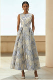 Dusty Blue A Line Floral Long Jacquard Dress with Pockets