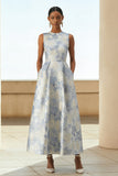 Dusty Blue A Line Floral Long Jacquard Dress with Pockets