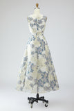 Dusty Blue A Line Jacquard Floral Maxi Dress with Pockets