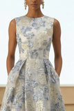 Dusty Blue A Line Floral Long Jacquard Dress with Pockets
