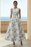 Dusty Blue A Line Jacquard Floral Maxi Dress with Pockets