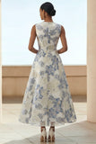 Dusty Blue A Line Jacquard Floral Maxi Dress with Pockets