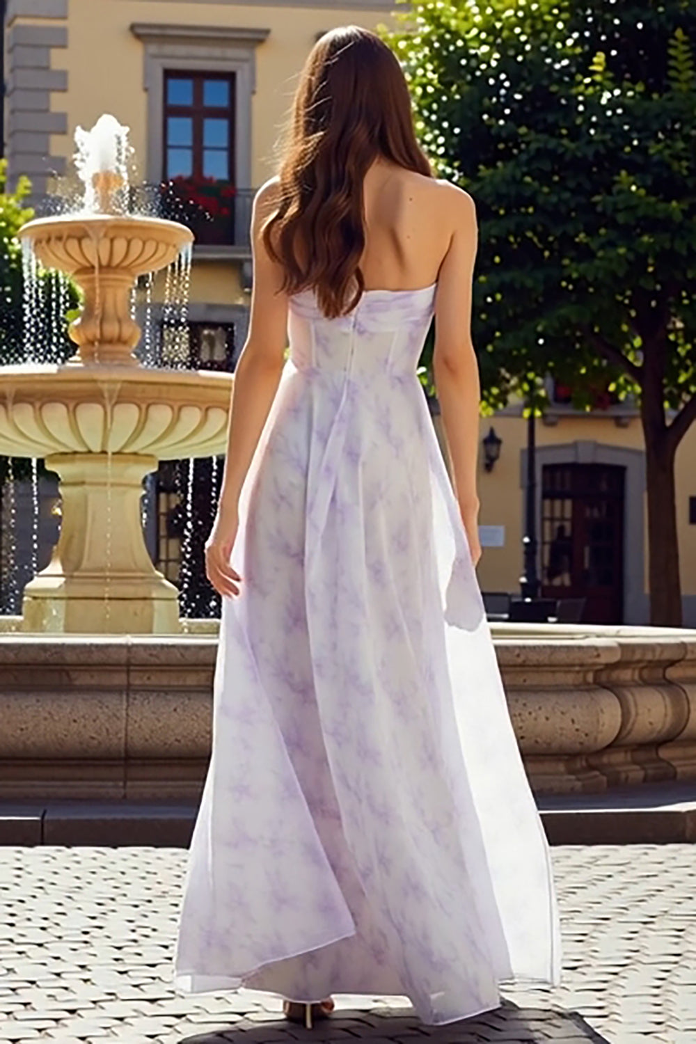 ZAPAKA Women Lilac Floral Long Wedding Guest Dress A Line Strapless Print Chiffon Formal Dress, Lilac / US6 ZAPAKA Women Lilac Floral Long Wedding Guest Dress A Line Strapless Print Chiffon Formal Dress, Lilac / US6