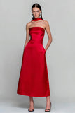 Red Strapless A Line Long Convertible Satin Dress with Pockets