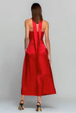 Red Strapless A Line Long Convertible Satin Dress with Pockets