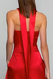 Red Strapless A Line Long Convertible Satin Dress with Pockets