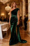 Dark Green Sheath One Shoulder Velvet Long Formal Dress with Side Cape