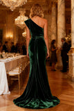 Dark Green Sheath One Shoulder Velvet Long Formal Dress with Side Cape