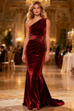 Burgundy Mermaid Velvet One Shoulder Ruched Long Formal Dress