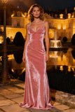 Sparkly Pink Spaghetti Straps Sheath Velvet Formal Dress with Beading