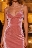 Sparkly Pink Spaghetti Straps Sheath Velvet Formal Dress with Beading
