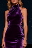 Purple Velvet Halter Sheath Long Formal Dress