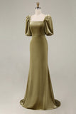 Olive Square Neck Mermaid Long Velvet Dress with Puff Sleeves