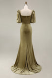 Olive Square Neck Mermaid Long Velvet Dress with Puff Sleeves