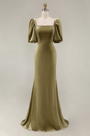 Olive Square Neck Mermaid Long Velvet Dress with Puff Sleeves