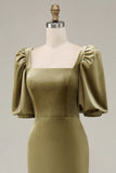 Olive Square Neck Mermaid Long Velvet Dress with Puff Sleeves