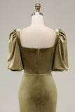 Olive Square Neck Mermaid Long Velvet Dress with Puff Sleeves