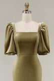 Olive Square Neck Mermaid Long Velvet Dress with Puff Sleeves