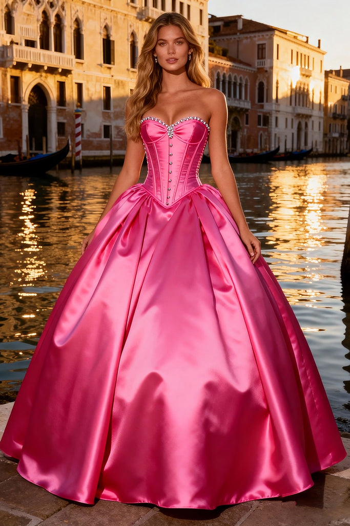 ZAPAKA Women Strapless Bright Pink Prom Dress Corset Satin Beaded Ball ...
