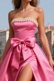 Strapless Bright Pink A Line Prom Dress With Pearls