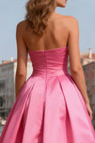 Strapless Bright Pink A Line Prom Dress With Pearls
