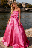 Strapless Bright Pink Ball Gown Prom Dress With Bow