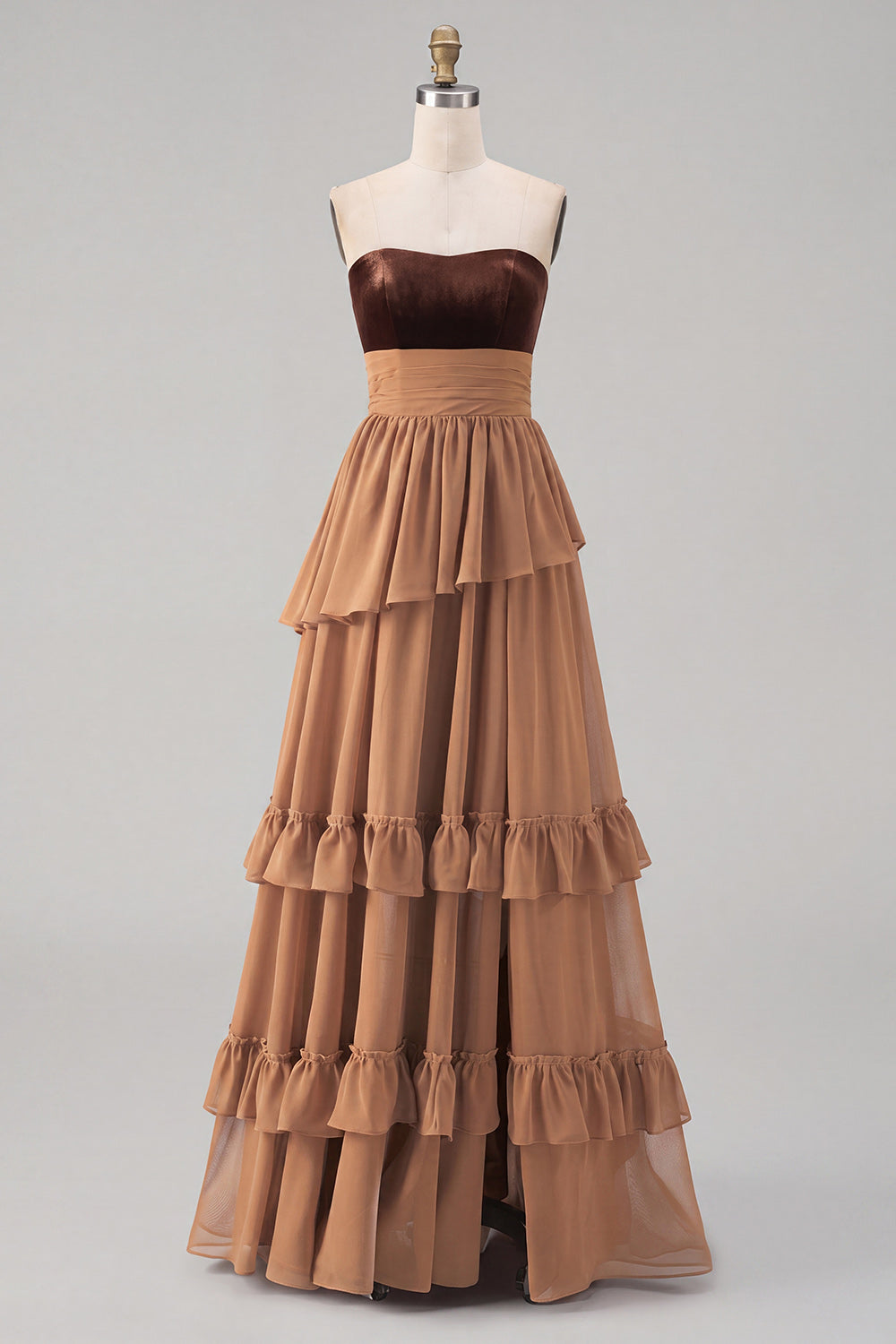 ZAPAKA Women Sweetheart Khaki Wedding Guest Dress with Slit Tiered A-Line Ruffled Chiffon Maxi Dress, Khaki / US22W
