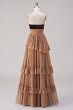 Khaki Sweetheart Tiered Ruffled A-Line Chiffon Maxi Dress with Slit