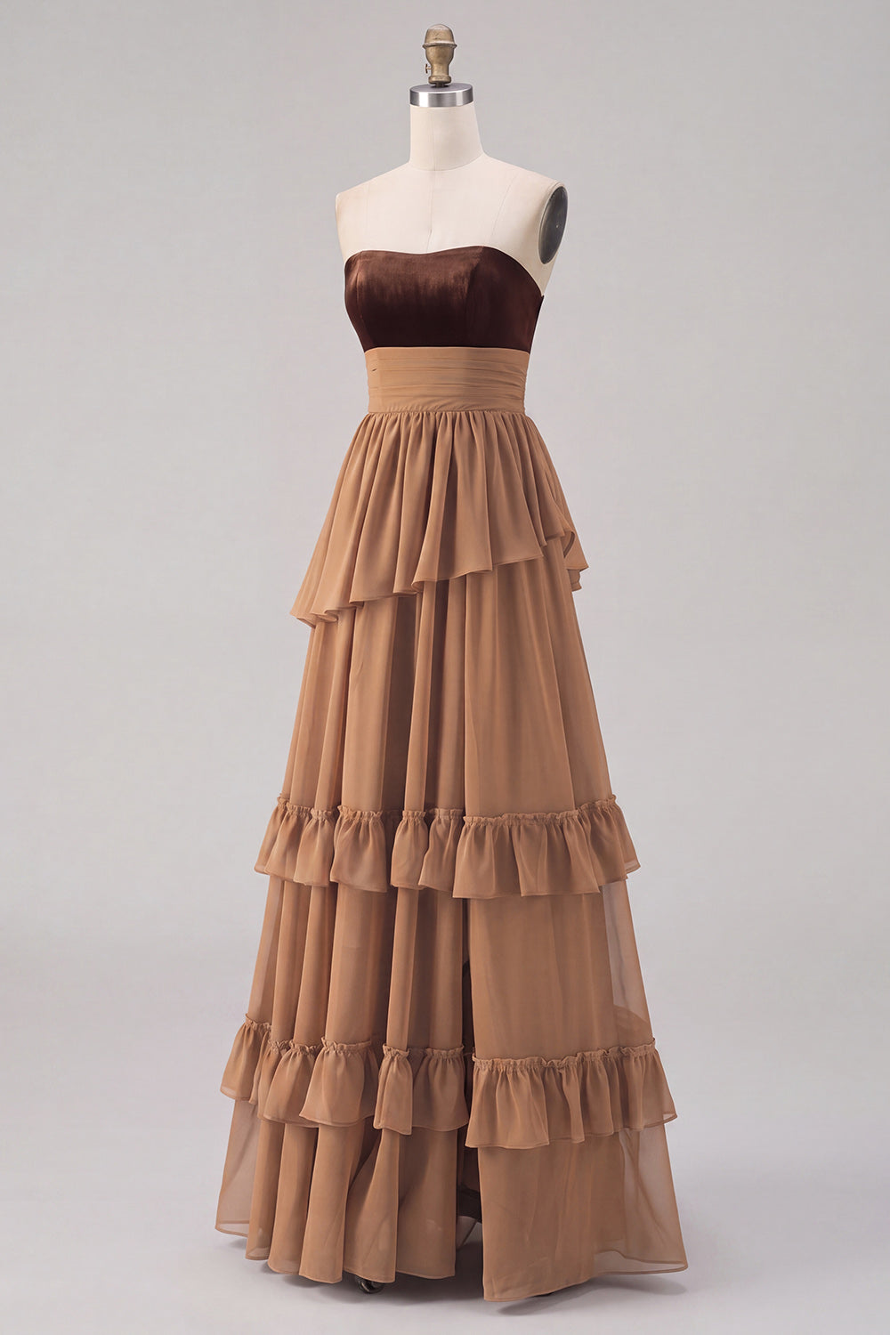 ZAPAKA Women Sweetheart Khaki Wedding Guest Dress with Slit Tiered A-Line Ruffled Chiffon Maxi Dress, Khaki / US22W
