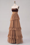 Khaki Sweetheart Tiered Ruffled A-Line Chiffon Maxi Dress with Slit