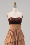 Khaki Sweetheart Tiered Ruffled A-Line Chiffon Maxi Dress with Slit