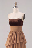 Khaki Sweetheart Tiered Ruffled A-Line Chiffon Maxi Dress with Slit