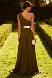 One Shoulder Olive A Line Chiffon Maxi Dress
