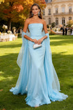 Sky Blue Strapless Mermaid Long Formal Dress with Belt